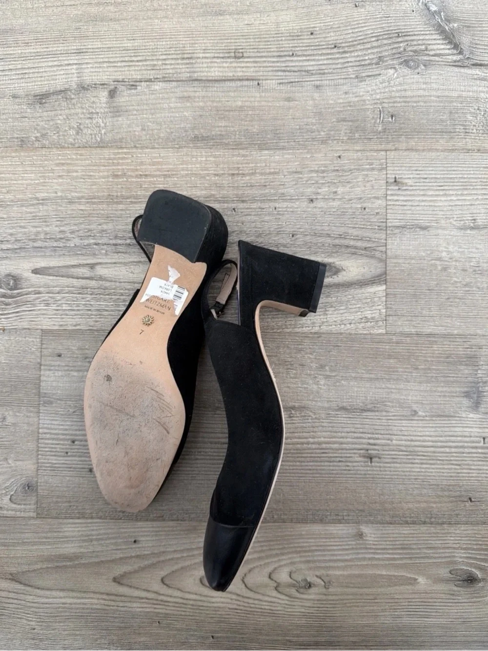 Stuart Weitzman Black Suede and Leather Cap-Toe Slingback Heels